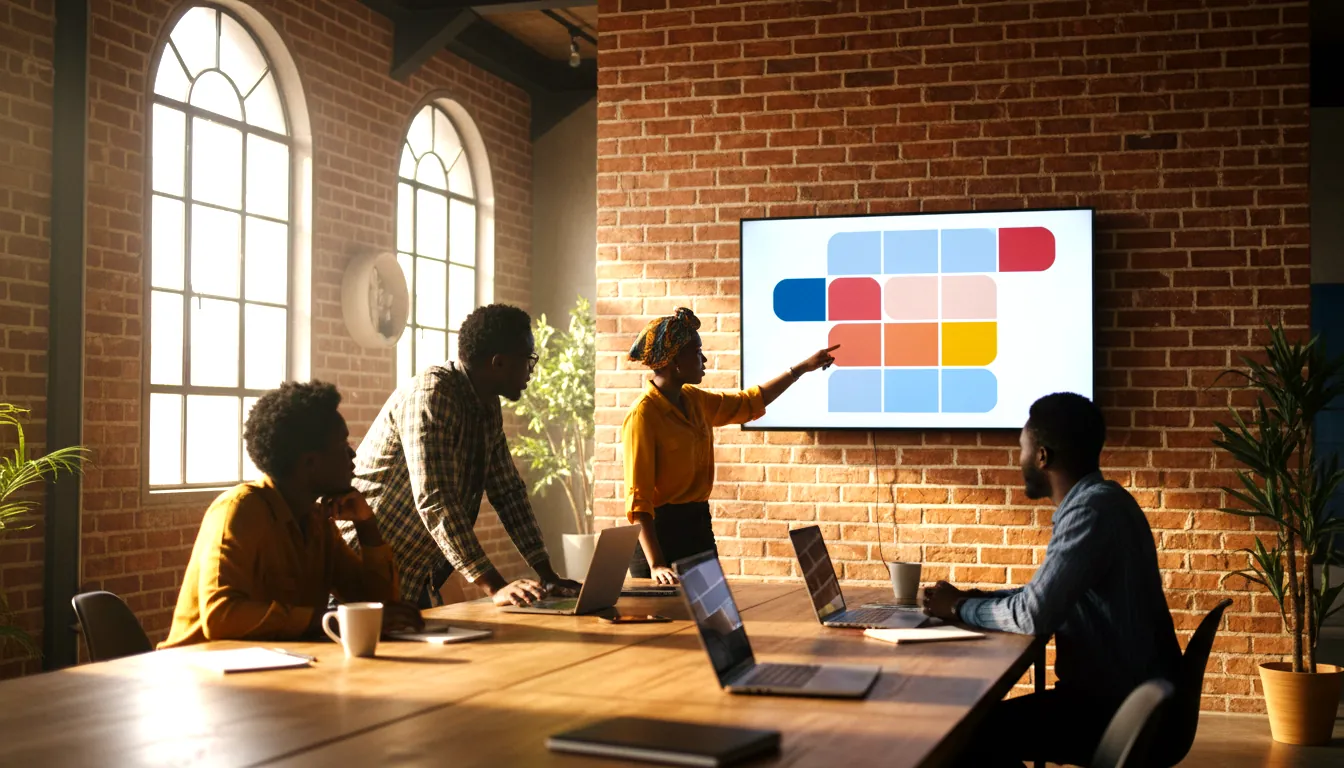 A small agency team in a loft studio discussing a content calendar on a wall screen